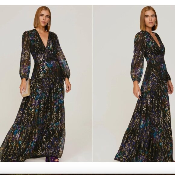 Shoshanna Dress Madeline Gown Maxi Long-Sleeve Black Metallic Size 8 *READ FLAW* - Picture 1 of 9